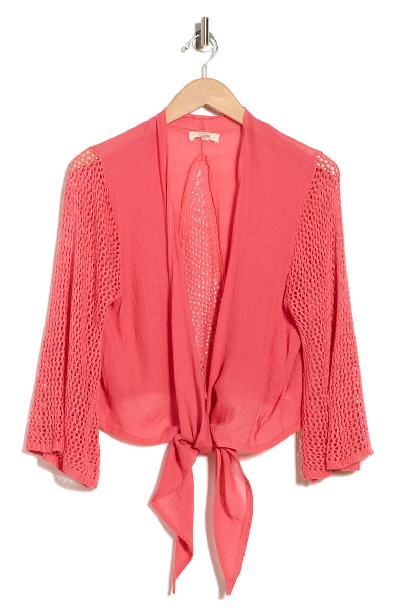 Elan Open Stitch Accent Tie Front Cover-Up Top, Alternate, color, Coral