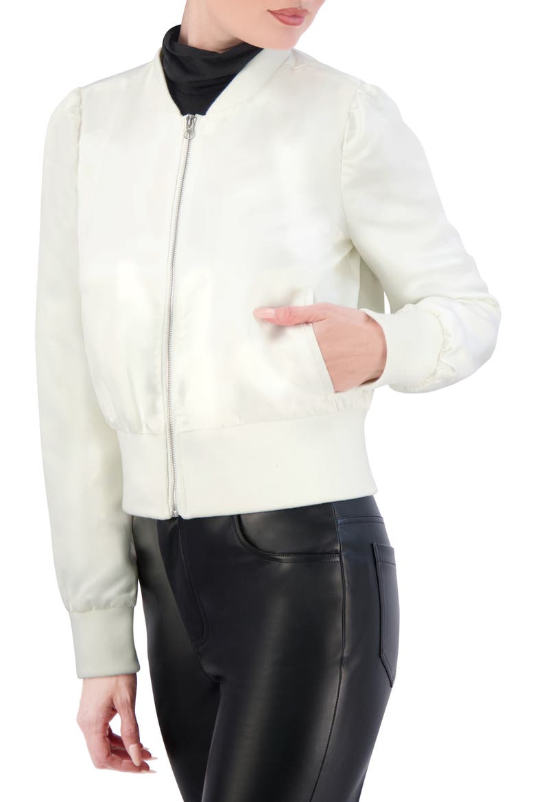 Satin Crop Bomber Jacket, Alternate, color, WHITE