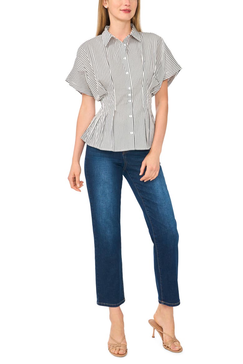 Stripe Short Sleeve Pleated Button-Up Shirt, Alternate, color, NEW IVORY