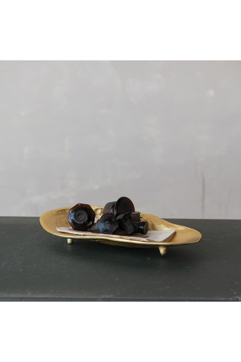 Decorative Cast Aluminum Footed Shell Shaped Tray, Gold Finish, Alternate, color, Gold