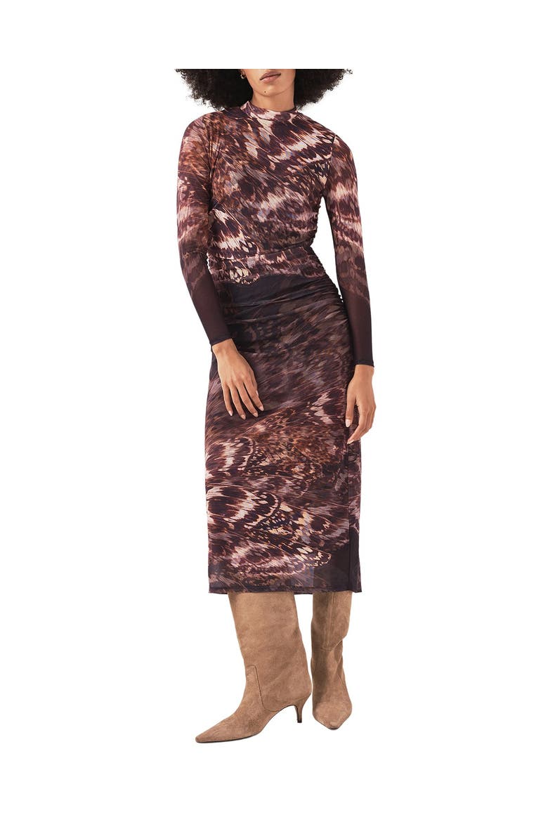 Long Sleeve Printed Mesh Midi Dress, Main, color, Burgundy
