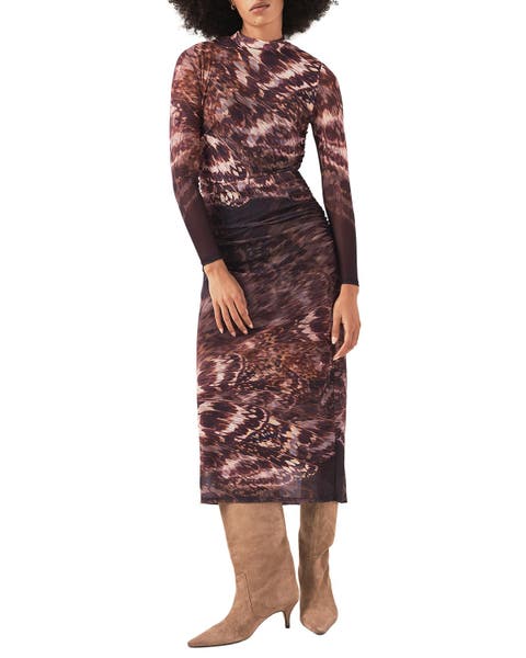 Long Sleeve Printed Mesh Midi Dress
