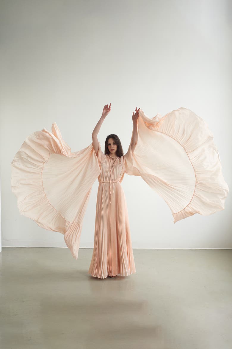 Zaria Plisse Cape Gown Peach Dust, Alternate, color, Peach