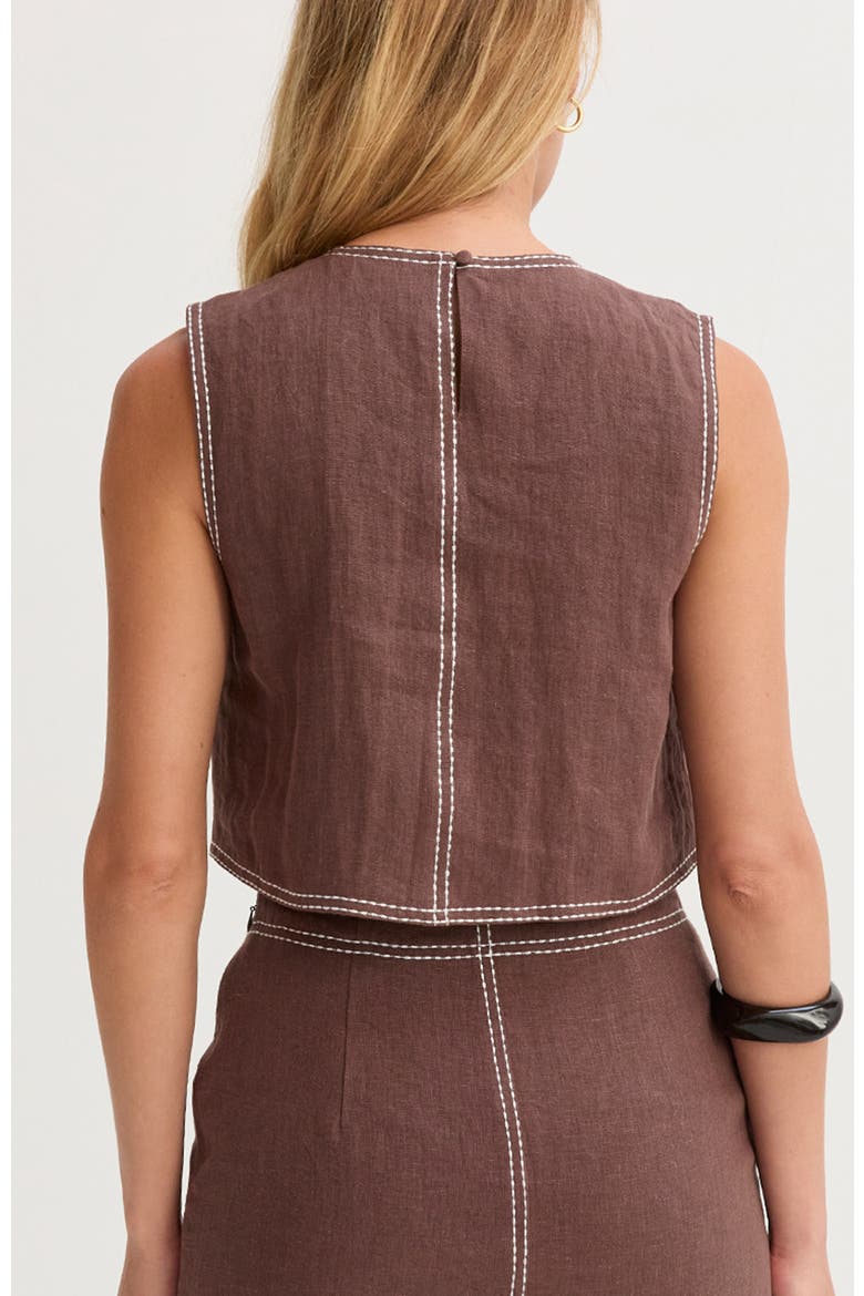 Embroidered Contrast Stitch  Linen Crop Top, Alternate, color, Brown