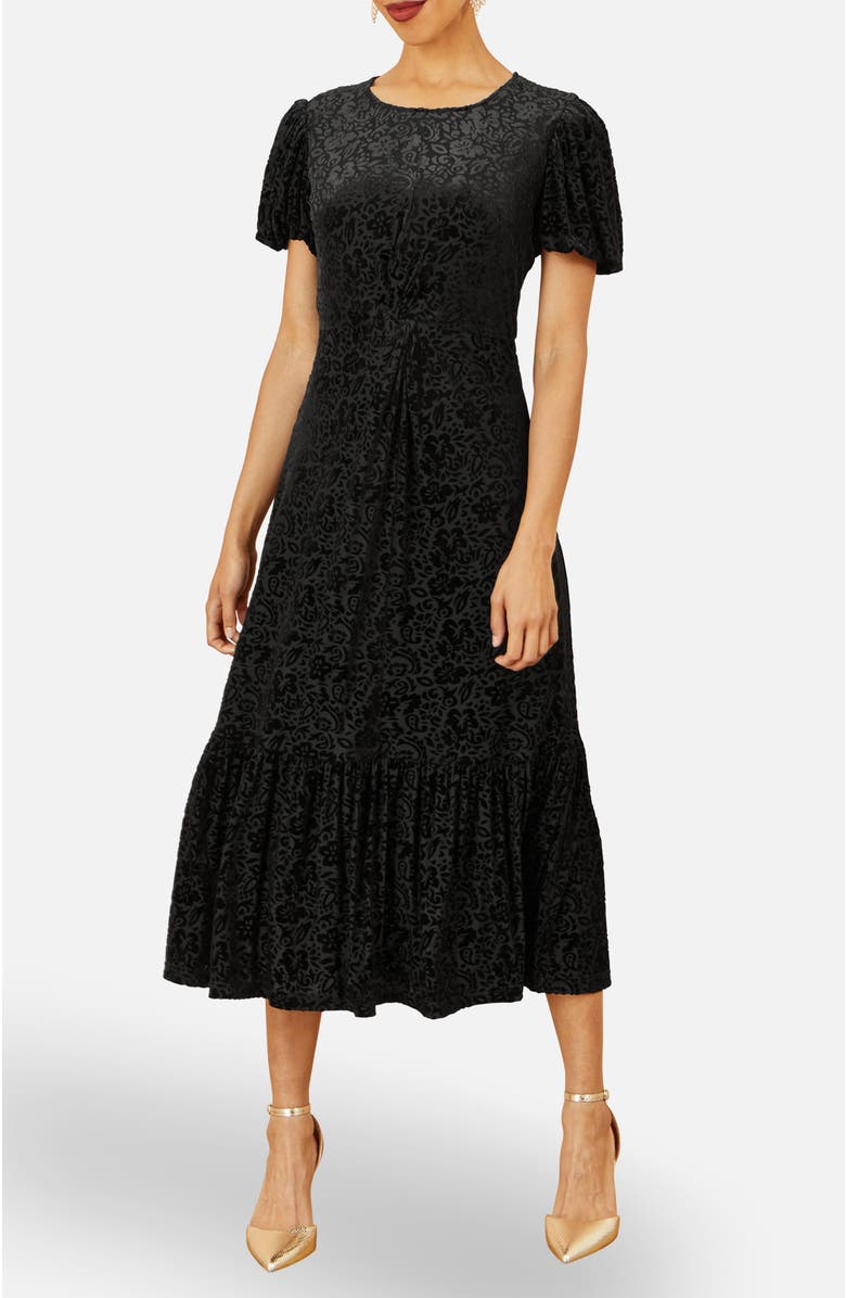 Yumi Velvet Twist Waist Midi Dress, Alternate, color, Black