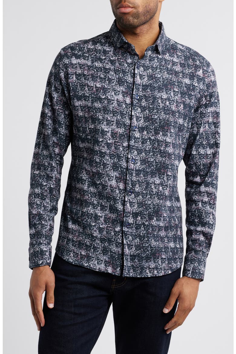 Skull Print Button-Up Shirt, Main, color, DK BLUE