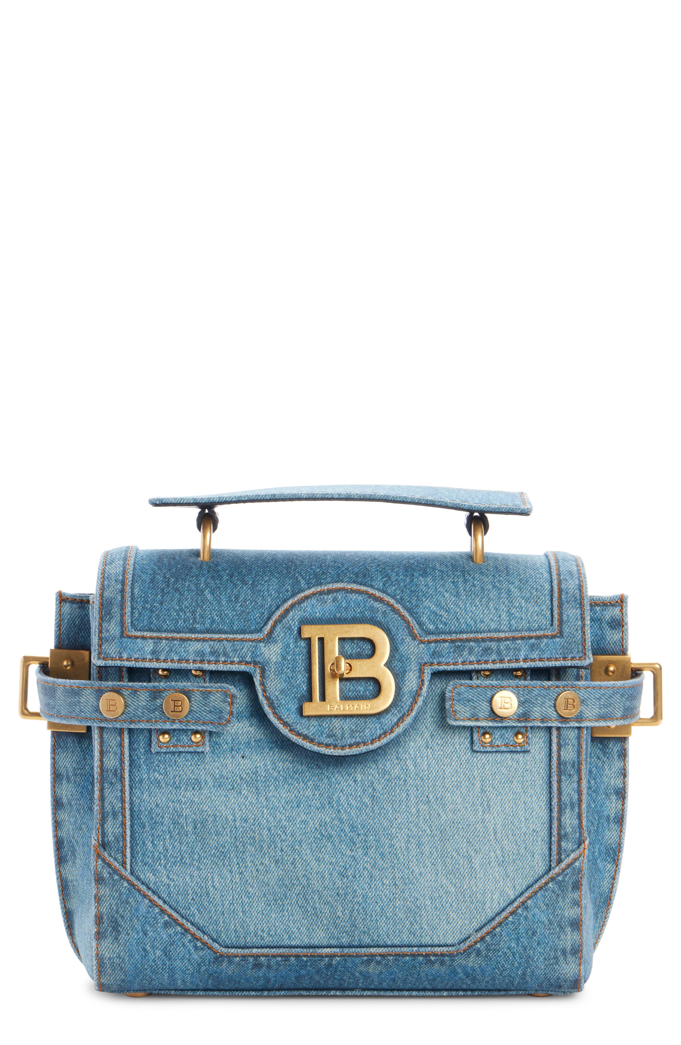 Balmain B-Buzz 23 Denim Top Handle Bag, Main, color, 