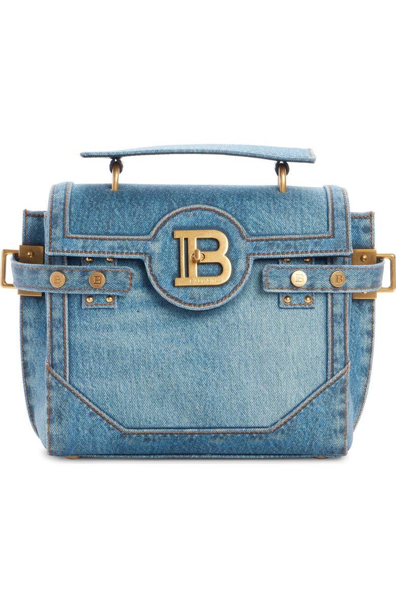 Balmain B-Buzz 23 Denim Top Handle Bag, Main, color,