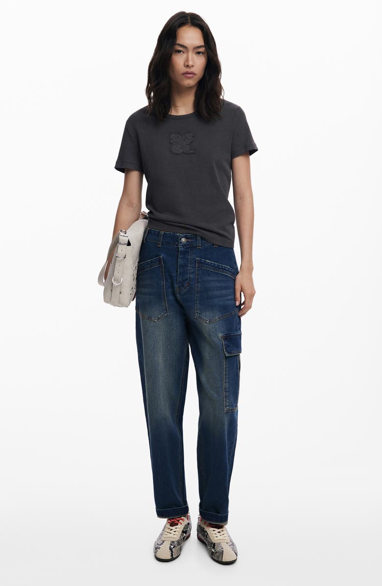 Desigual Logo Patch Stretch Cotton T-Shirt, Alternate, color, Black