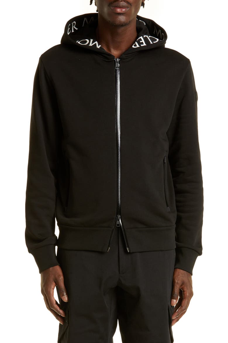 Logo Tape Cotton Zip Hoodie, Main, color, BLACK