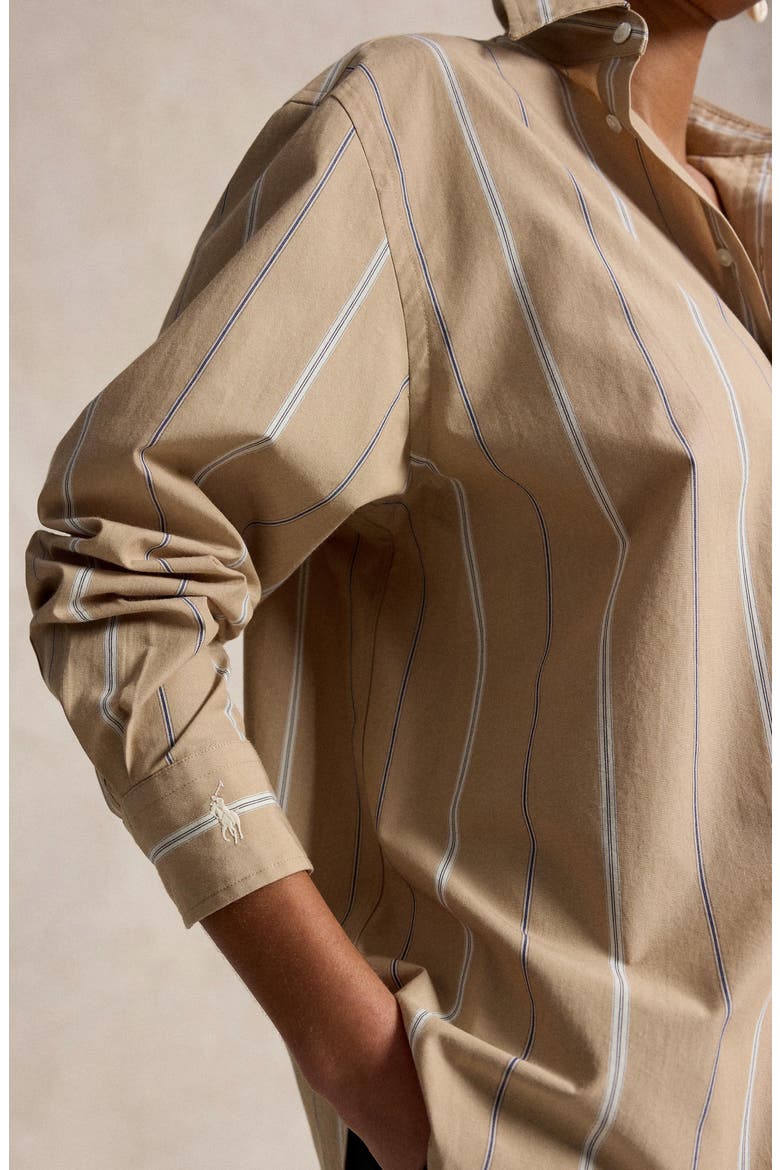 Oversize Fit Stripe Cotton Button-Up Shirt, Alternate, color, TAN/ CREAM