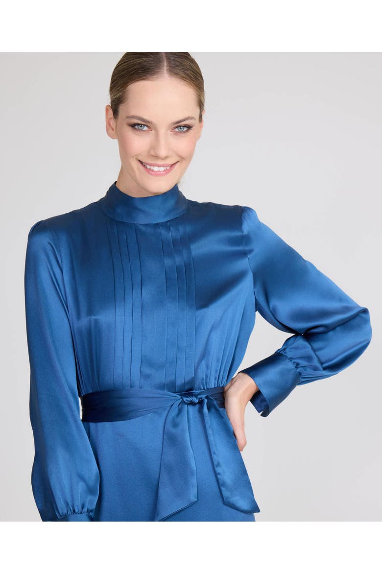 Cara Silk Pleated Tie Neck Dress, Alternate, color, Lagoon Blue