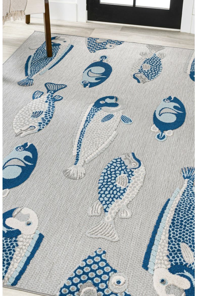 Algarve Modern Fish High-Low Indoor/Outdoor Area Rug, Alternate, color, Gray/Navy