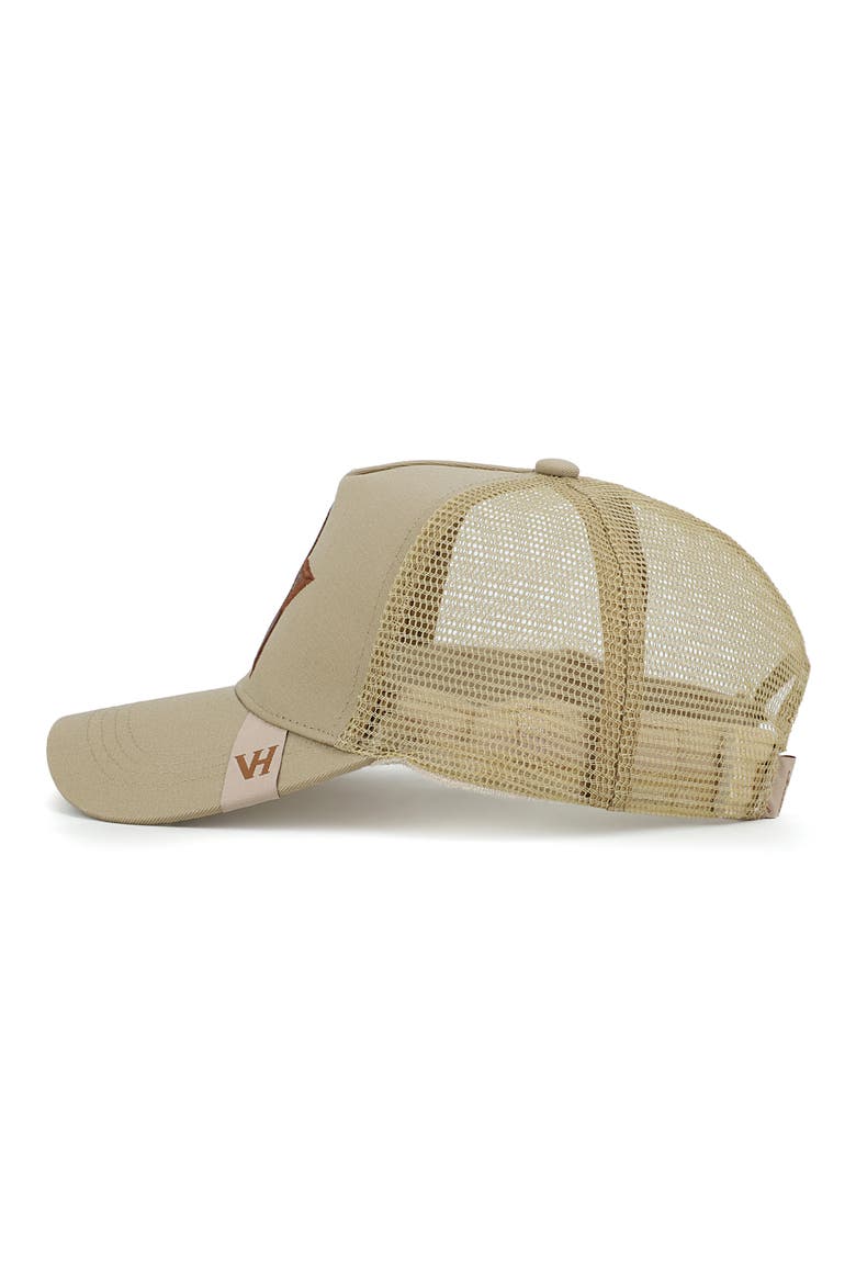 Embroidered Star Patch Mesh Panel Trucker Hat, Alternate, color, KHAKI/ BROWN
