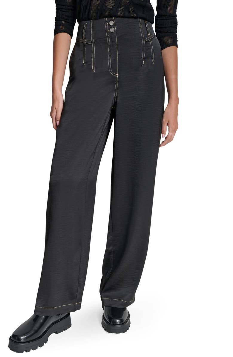 DKNY Topstitch Straight Leg Pants, Main, color, Black