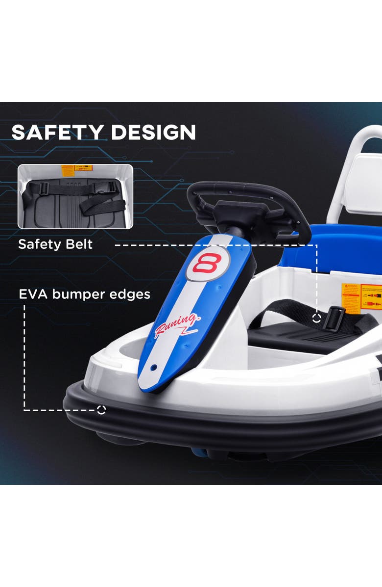 Aosom 6V Kids Bumper Car with 360° Rotation, Twin Motors, Music, Horn, LED, Safety Belt, Alternate, color, White