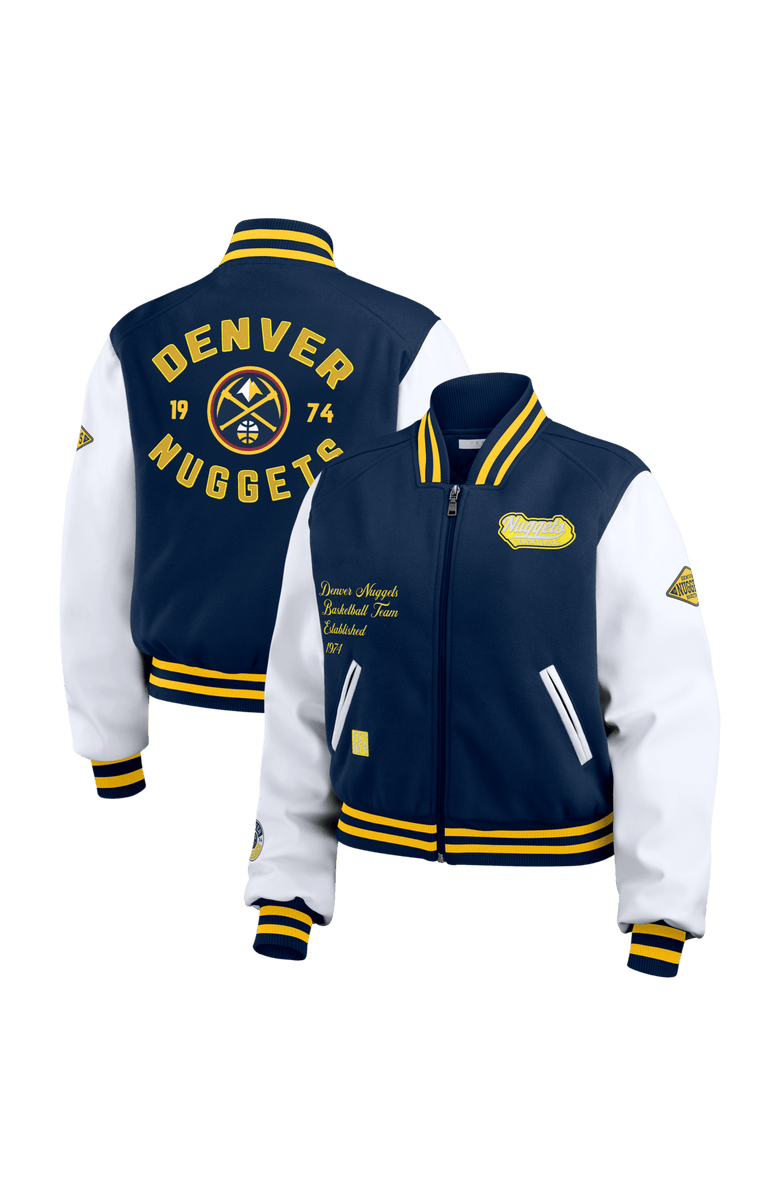 WEAR by Erin Andrews Women's WEAR by Erin Andrews Navy/White Denver Nuggets Cropped Varsity Full-Zip Jacket, Main, color,