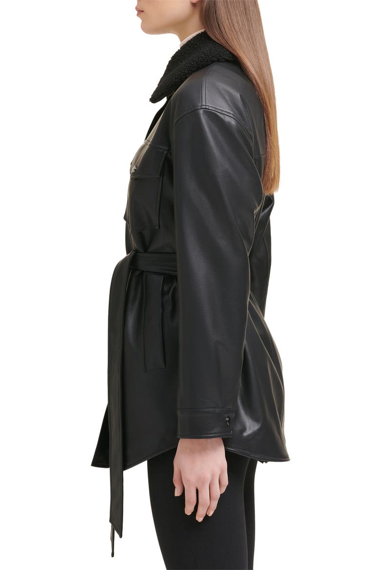 Belted Faux Leather Shirt Jacket with Faux Shearling Lining, Alternate, color, BLACK