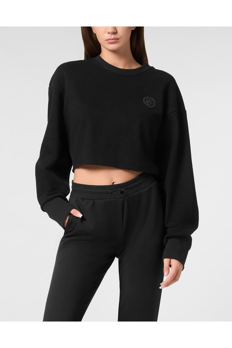 Sponge Cropped Sweatshirt Round Neck Ls Women, Main, color, black