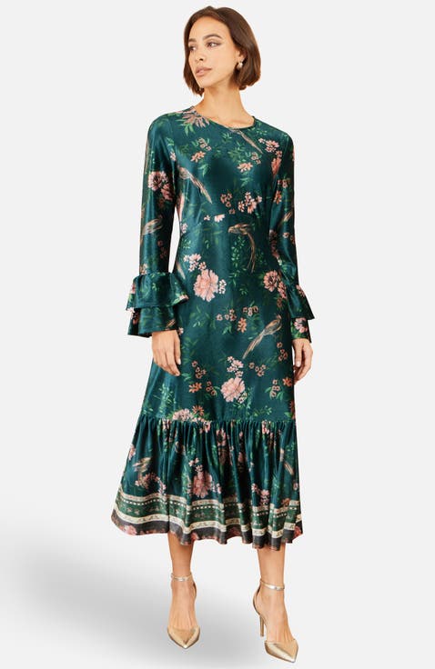 Printed Velvet Midi Frill Dress