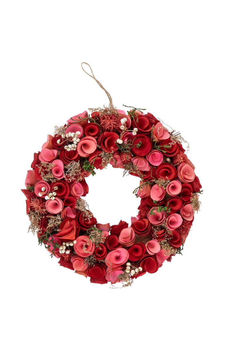 Northlight Artificial Valentine's Day Shaved Wood Roses Wreath - Pink and Red- 12.25" - Pink and Red, Main, color, Pink