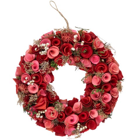 Artificial Valentine's Day Shaved Wood Roses Wreath - Pink and Red- 12.25" - Pink and Red
