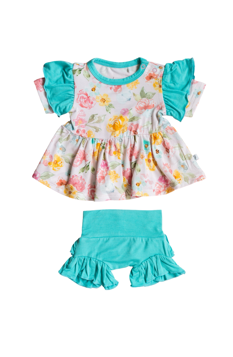 Laree + Co Kayelee Floral Peplum + Bummie Set, Main, color, Teal