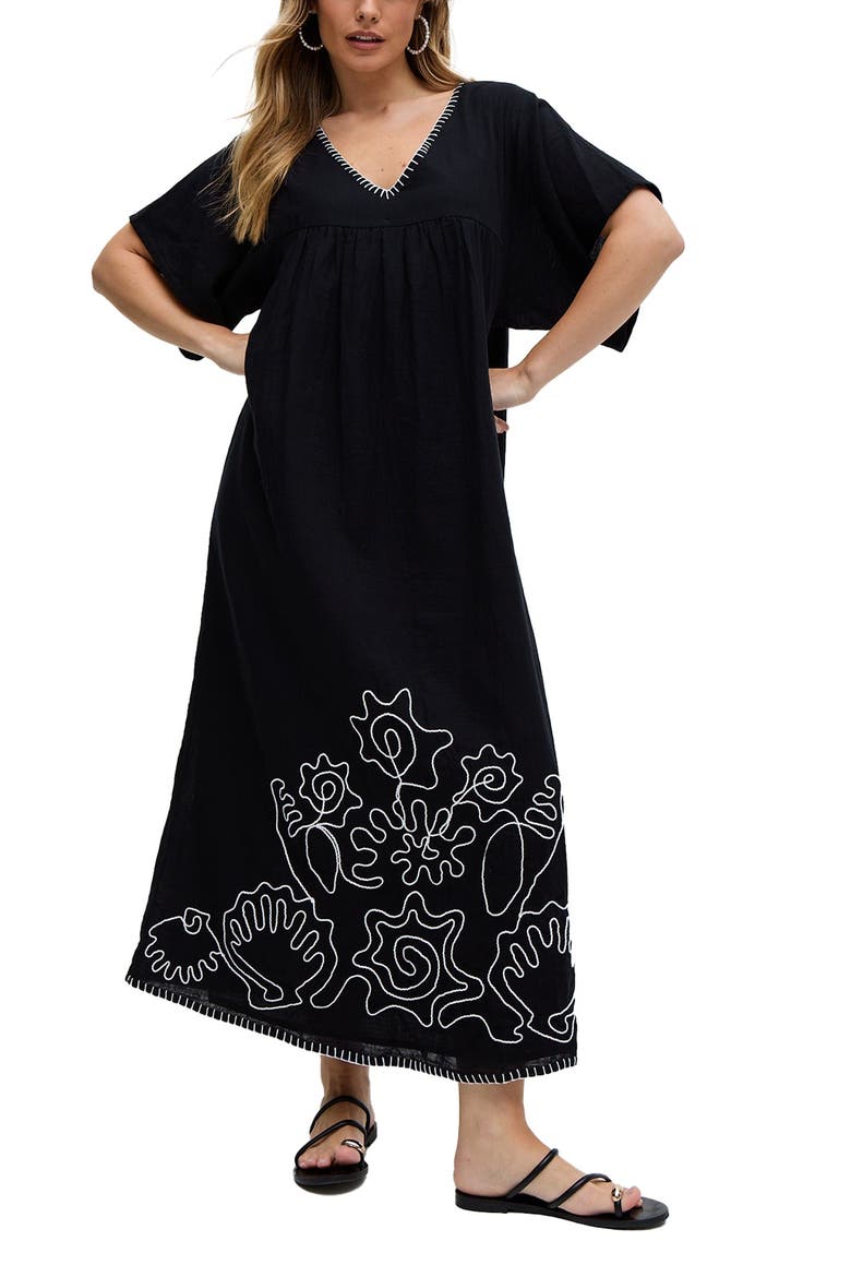 Candy Tabard Embroidered Hem Midi Dress, Alternate, color, Black