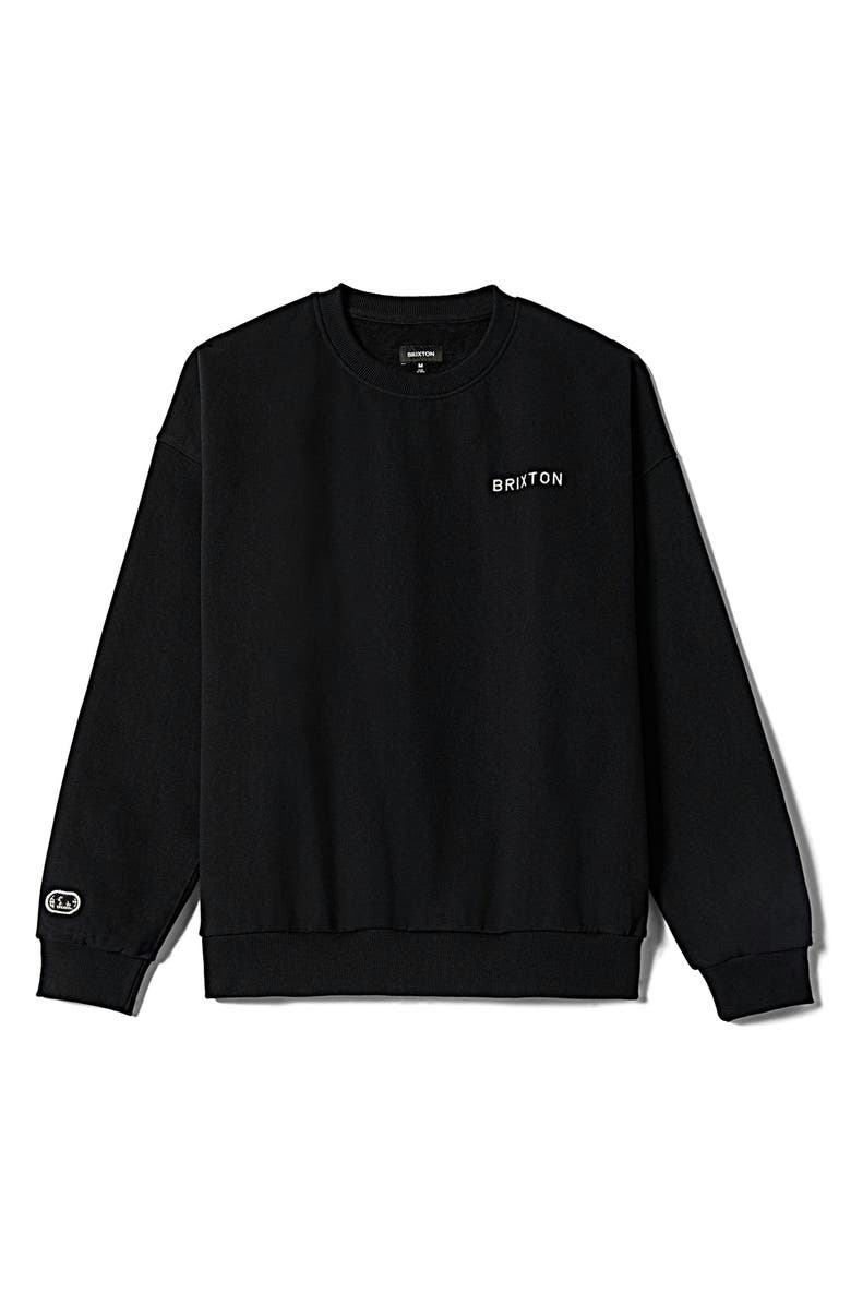 Brixton Oversize Logo Embroidered Cotton Fleece Crewneck Sweatshirt, Alternate, color, Black