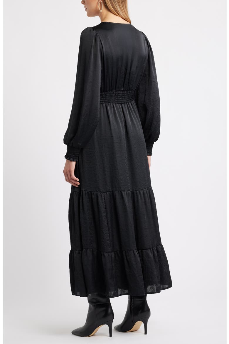 Smocked Cuff Long Sleeve Satin Maxi Dress, Alternate, color, BLACK