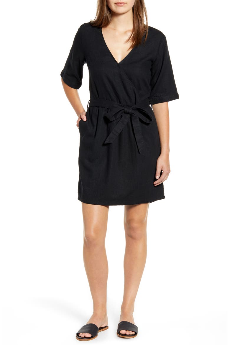Linen Blend Faux Wrap Dress, Main, color, BLACK