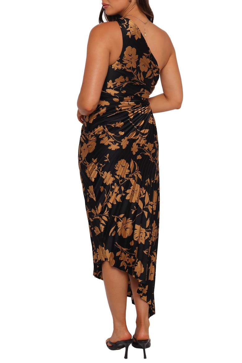 Kleo Floral Pleated One-Shoulder Satin Dress, Alternate, color, BLACK/ GOLD