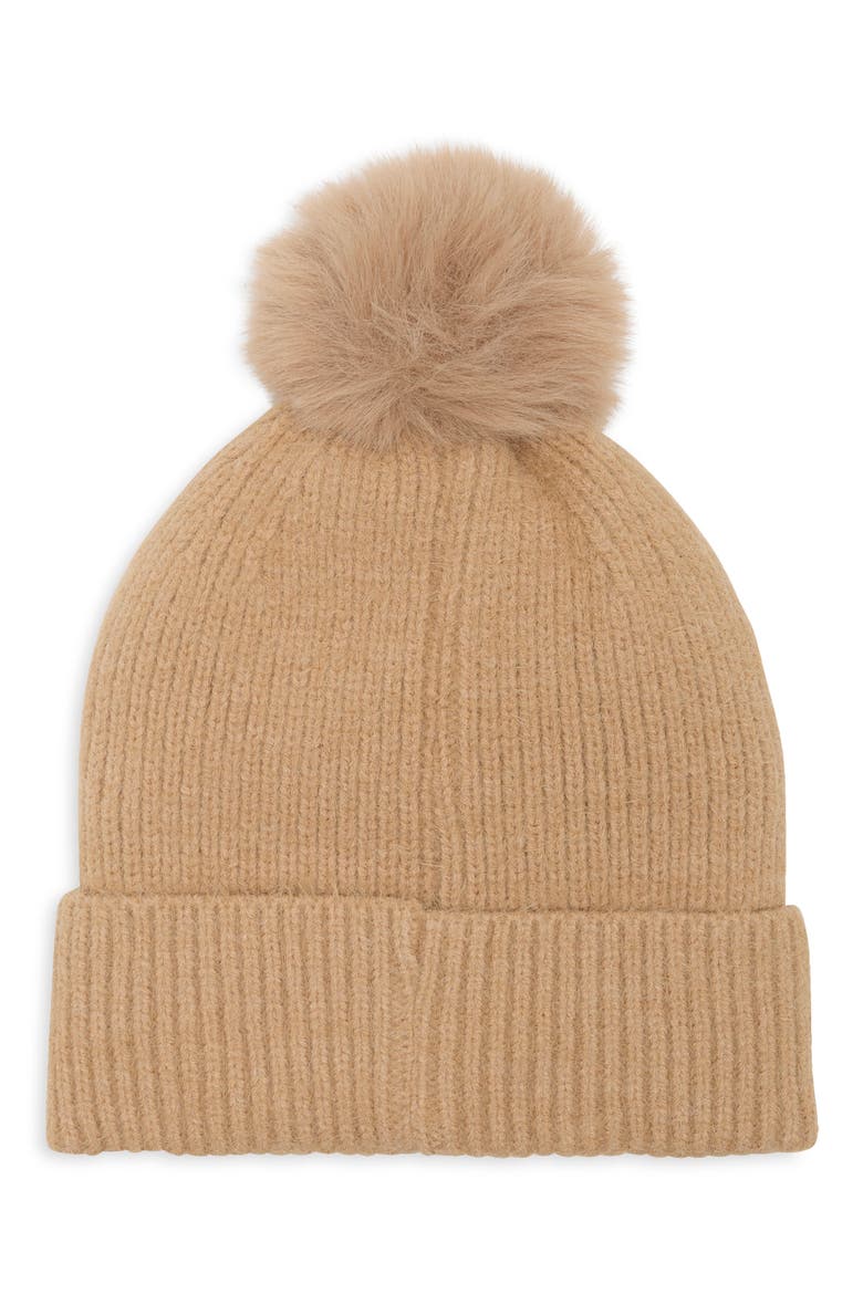Rhinestone Floral Faux Fur Pom Beanie, Alternate, color, TAUPE