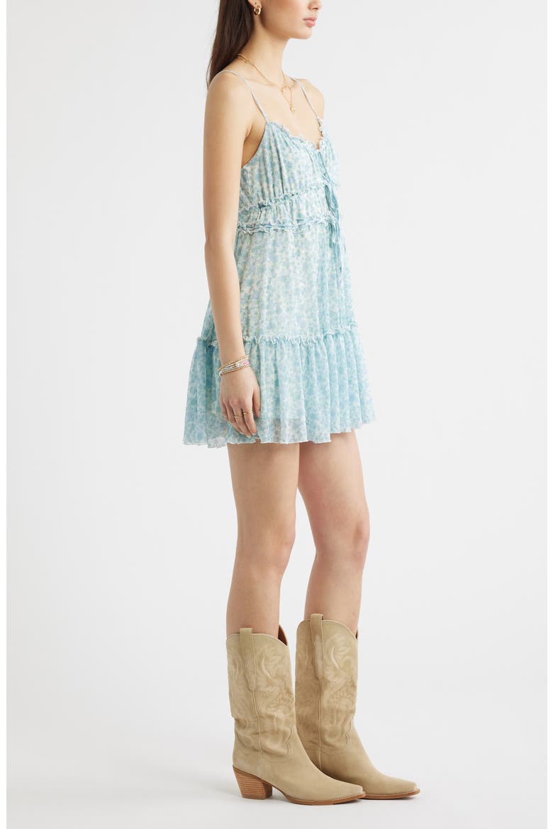 Ruffle Tie Front Tiered Mini Sundress, Alternate, color, TEAL- BLUE DENSE GARDEN