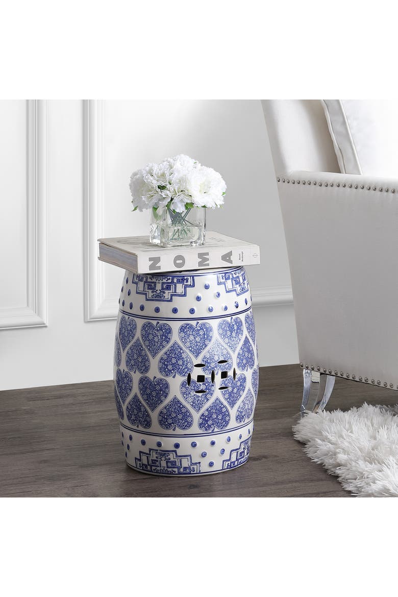 Happy Hearts Traditional Floral Chinoiserie Ceramic Drum Garden Stool, Pierced Indoor/Outdoor Patio Seat & Side Table, Alternate, color, Blue/White