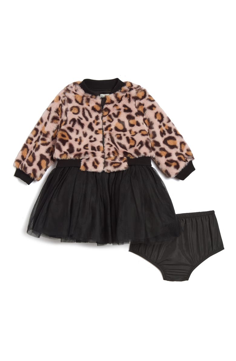 Pippa & Julie Maya Faux Fur Bomber Jacket, Party Dress & Bloomers Set, Main, color, 
