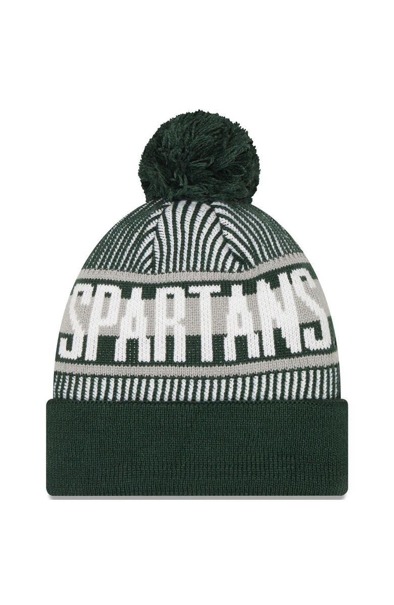 New Era Men's New Era  Green Michigan State Spartans Logo Striped Cuff Knit Hat with Pom, Alternate, color, 
