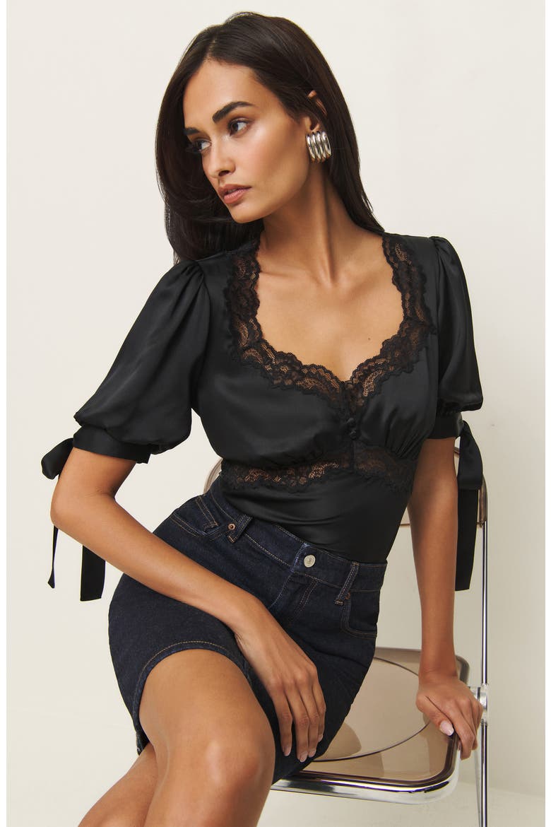 Dolly Lace Trim Silk Charmeuse Top, Alternate, color, BLACK