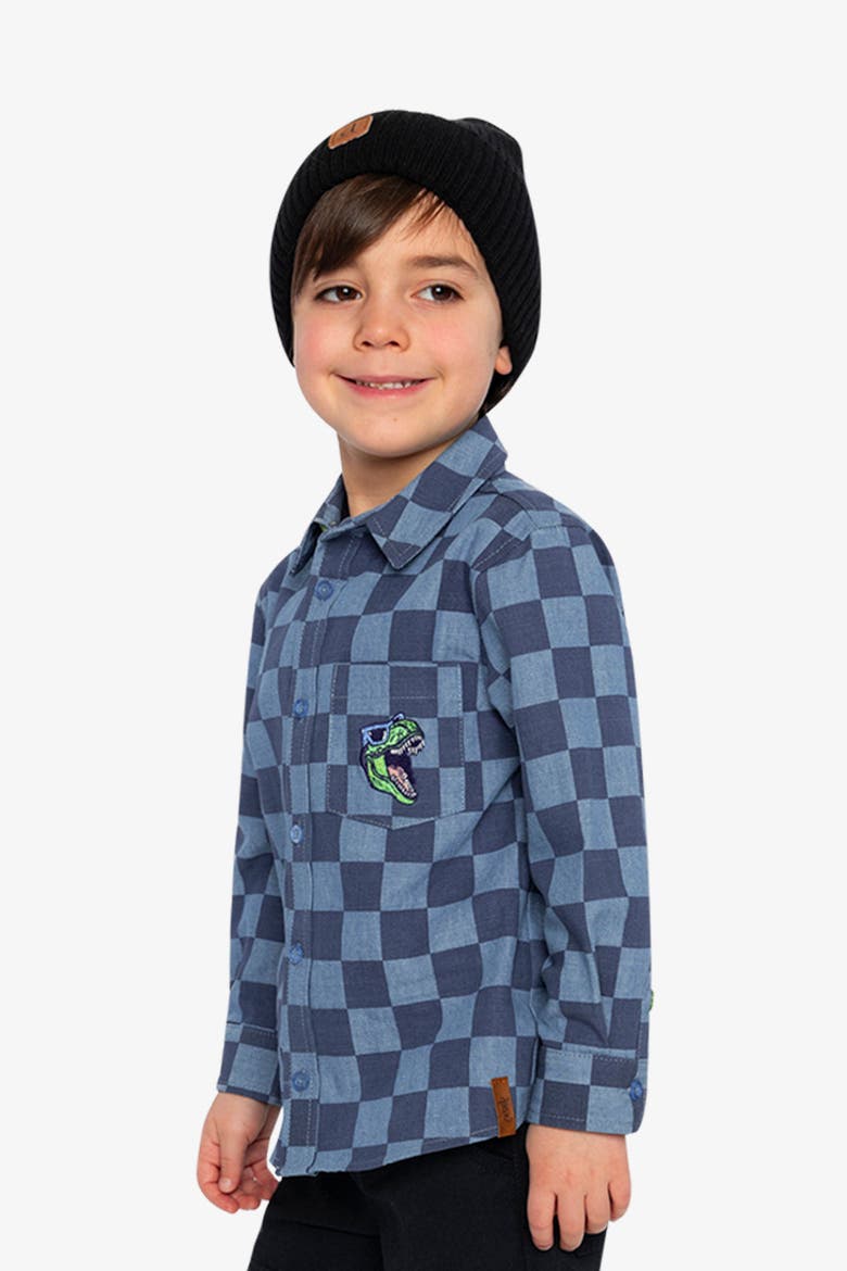 Checkered Dino Embroidered Chest Pocket Chambray Shirt, Alternate, color, Blue Checkered Print
