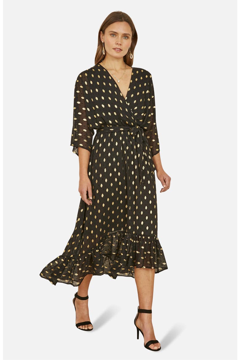 Foil Print Wrap Over Dress, Main, color, Black