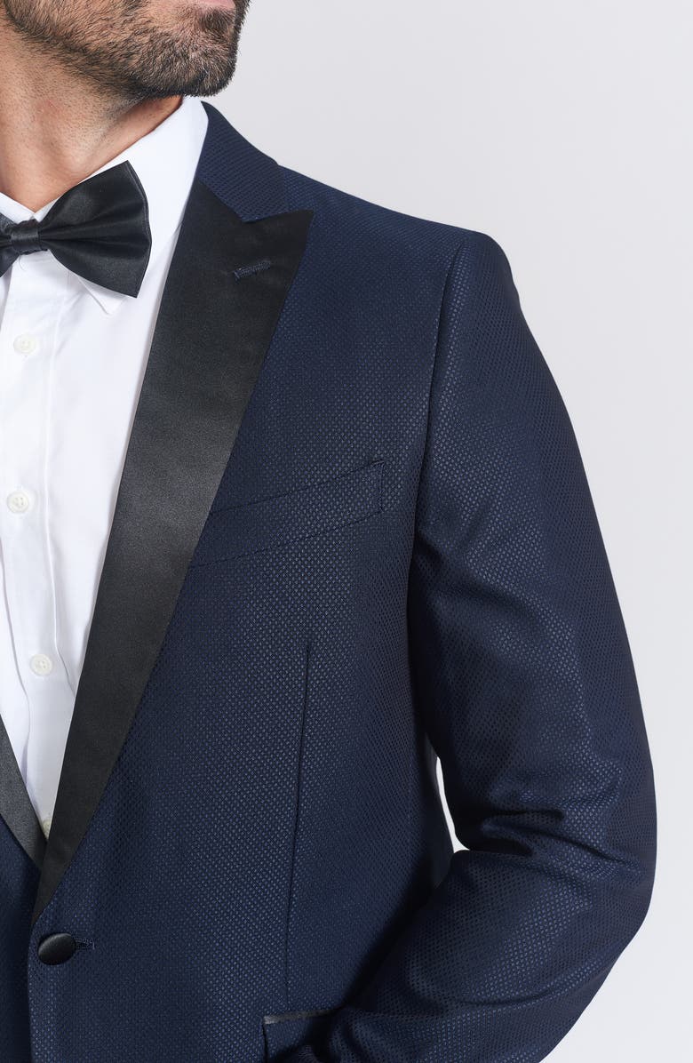 Slim Fit Navy Check Satin Lapel Tuxedo Suit