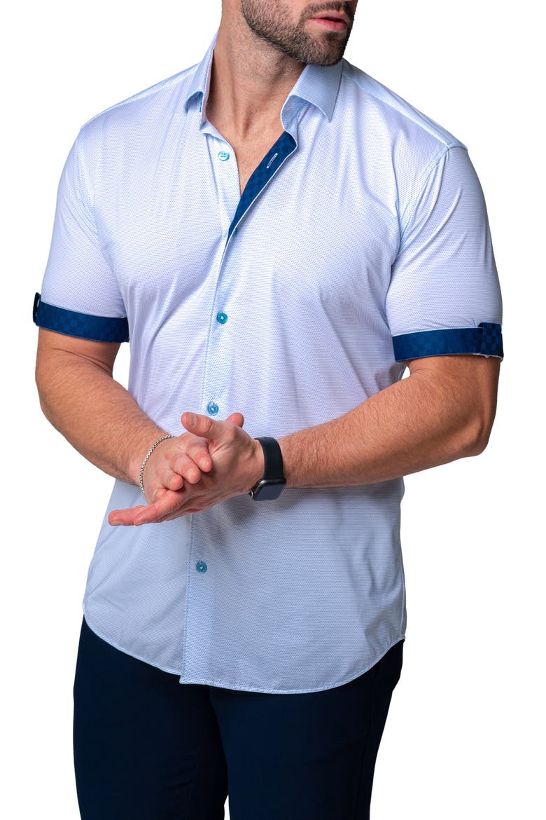 Galileo Chewy Blue Stretch Short Sleeve Button-Up Shirt, Alternate, color, BLUE