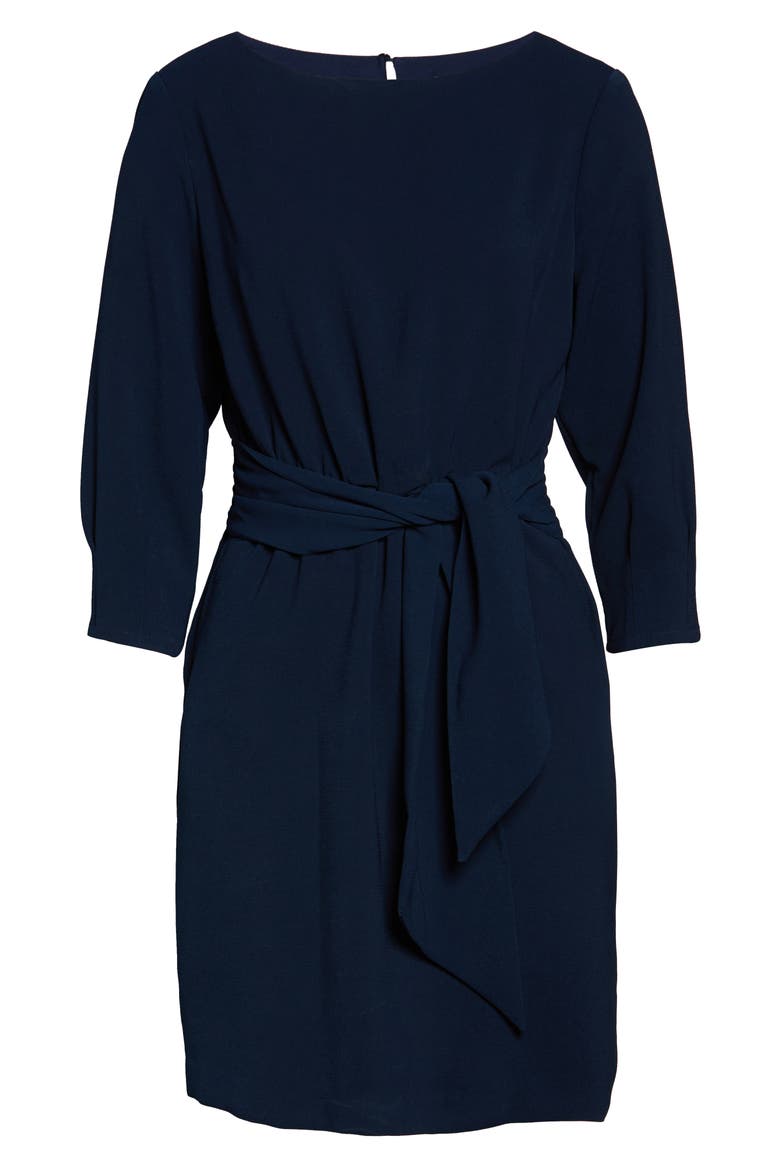 Tie Waist Crepe Sheath Dress, Alternate, color, NAVY