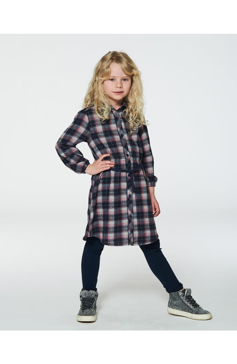 Deux par Deux Girl's Shirt Flannel Dress With Belt Plaid Navy And Pink, Alternate, color,