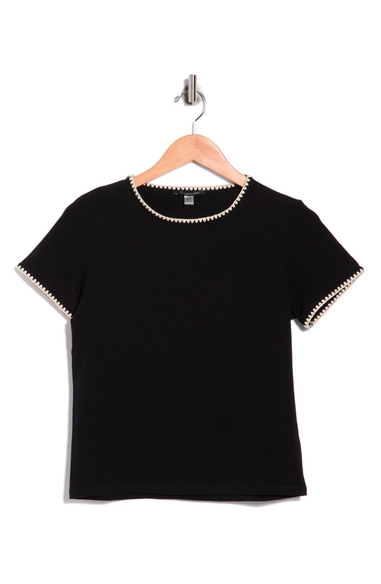 T Tahari Short Sleeve Shell Stitched T-Shirt, Main, color, Black/ Ivory Stitching