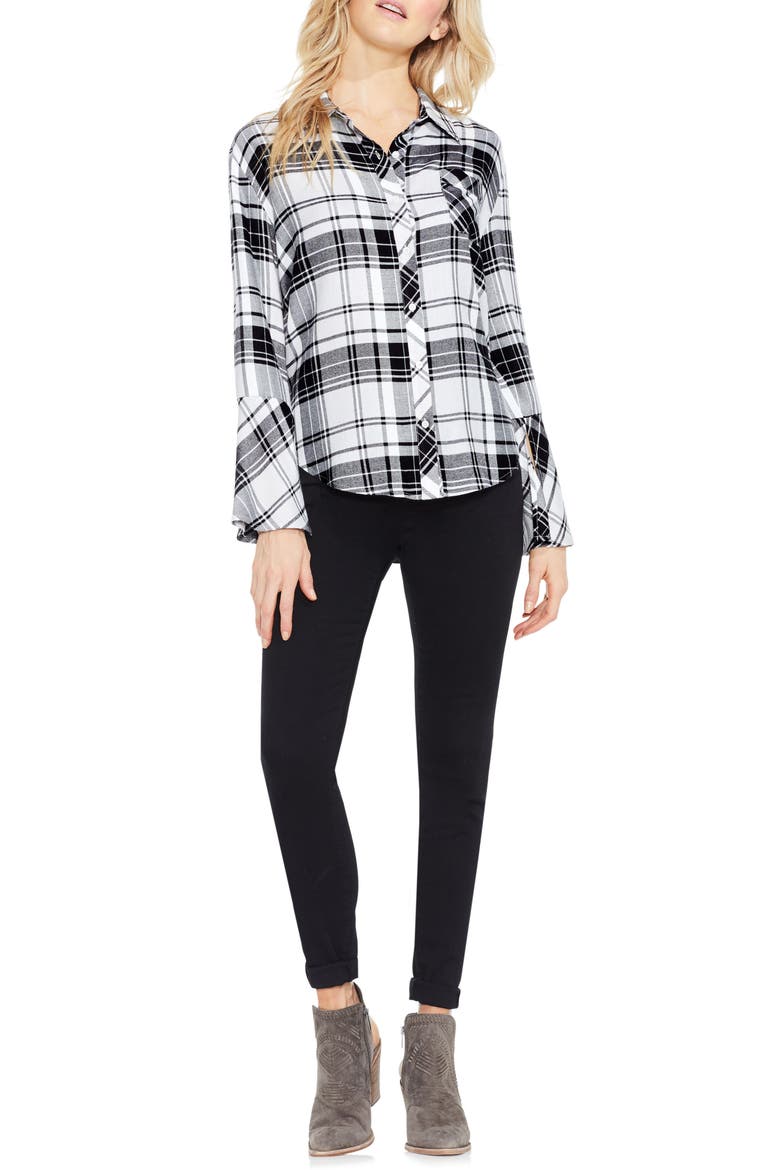 Plaid Bell Sleeve Shirt, Alternate, color, RICH BLACK