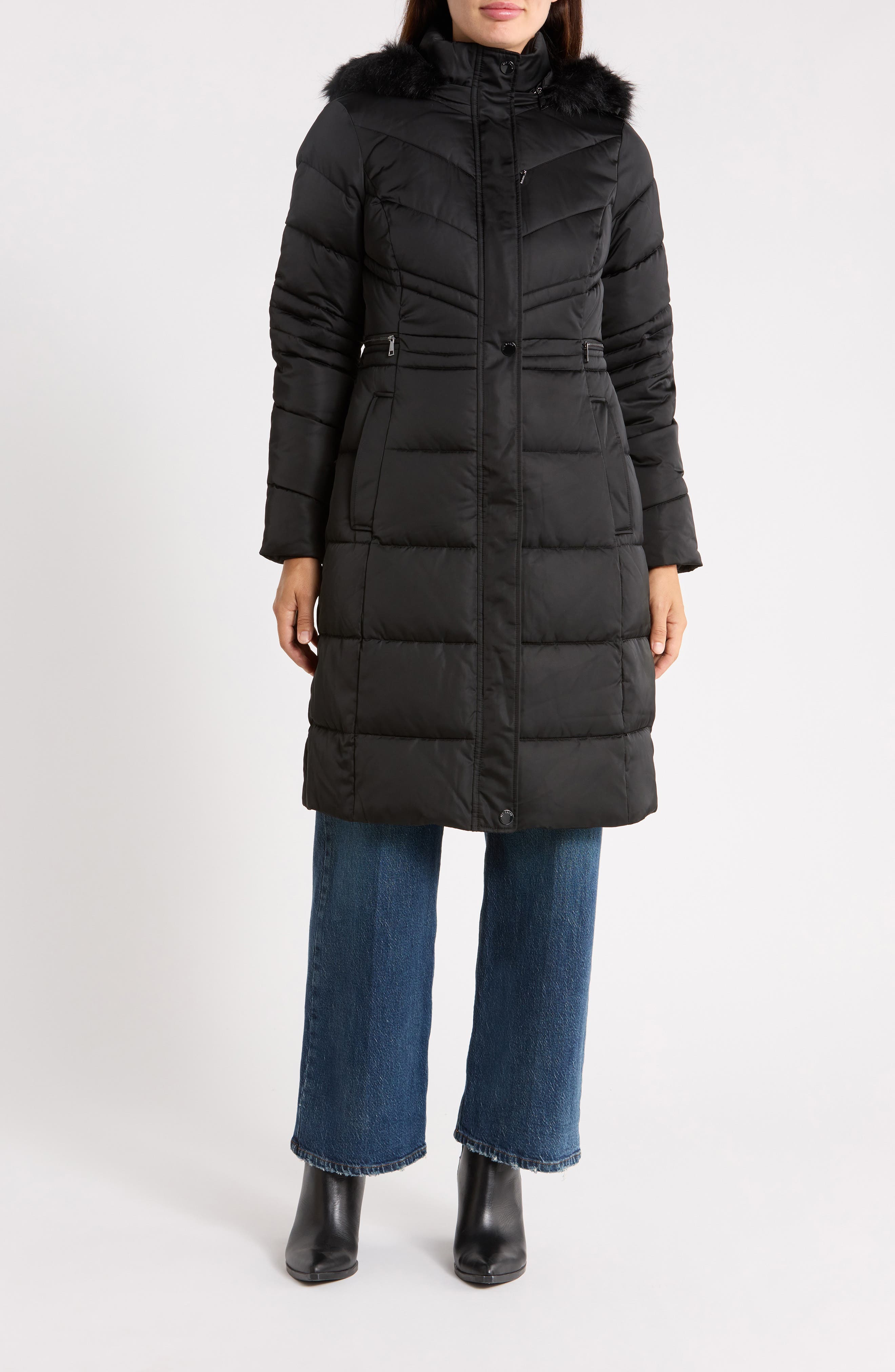 Samira Long Quilted Coat with Removable Faux Fur Trim