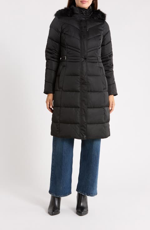 Samira Long Quilted Coat with Removable Faux Fur Trim