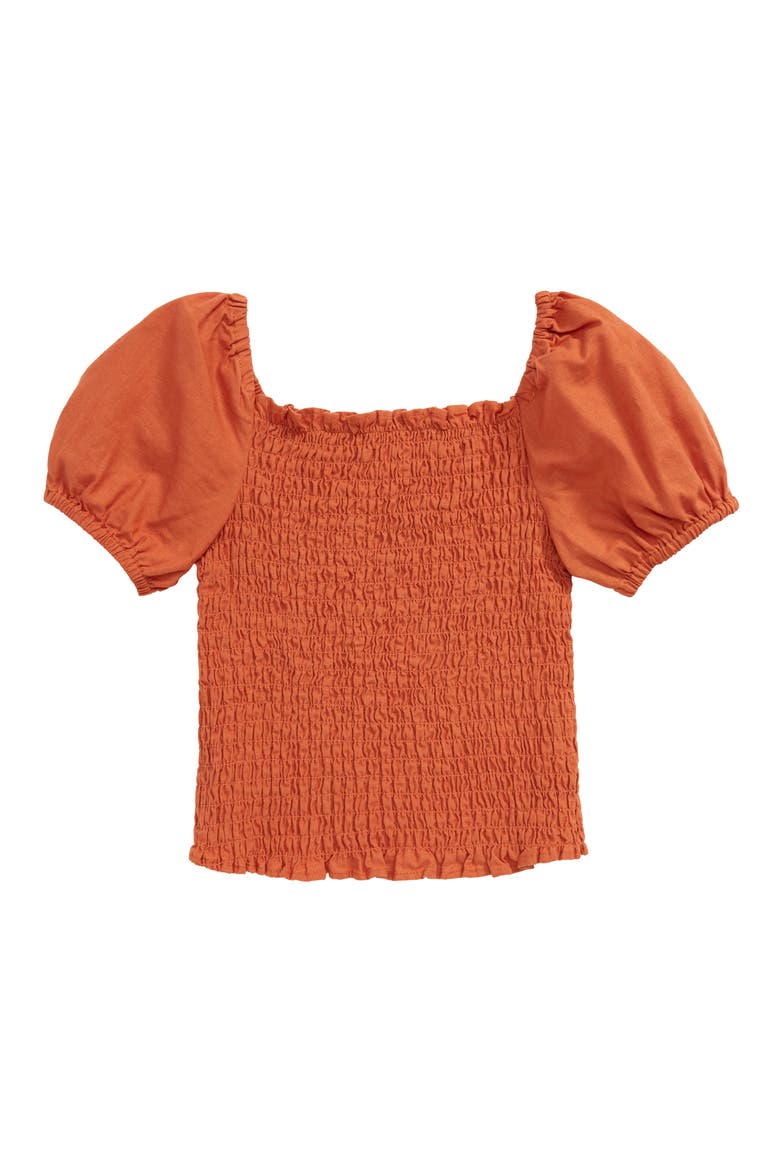 Puff Sleeve Smocked Linen & Cotton Top, Main, color, SPICE
