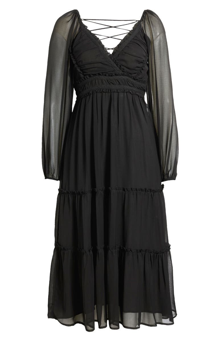 bebe Lace-Up Back Long Sleeve Chiffon Midi Dress, Alternate, color, Black